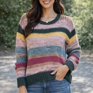 Heartloom Striped Cozy Knit Sweater Small Anthro Cottagecore Chunky Pullover